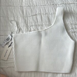 Babaton White Asymmetrical Ribbed Sculpt Knit Crop Top